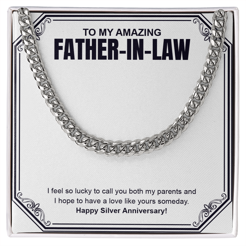 "I Feel So Lucky" Father In Law Silver Wedding Anniversary Necklace Gift From Daughter-In-Law Son-In-Law Cuban Link Chain Jewelry Box