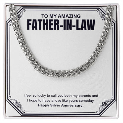 "I Feel So Lucky" Father In Law Silver Wedding Anniversary Necklace Gift From Daughter-In-Law Son-In-Law Cuban Link Chain Jewelry Box