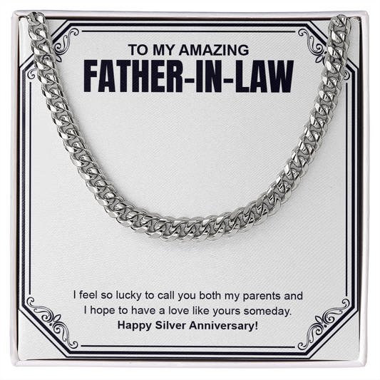"I Feel So Lucky" Father In Law Silver Wedding Anniversary Necklace Gift From Daughter-In-Law Son-In-Law Cuban Link Chain Jewelry Box