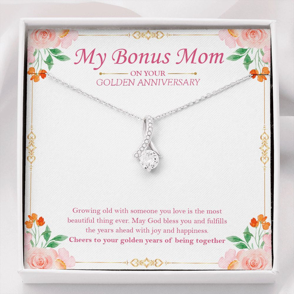 "Most Beautiful Thing Ever" Bonus Mom Golden Wedding Anniversary Necklace Gift From Daughter Son Alluring Beauty Pendant Jewelry Box