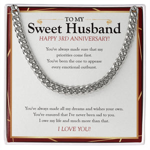 "You've Always Ensured" Sweet Husband 3rd Anniversary Necklace Gift From Wife Cuban Link Chain Jewelry Box