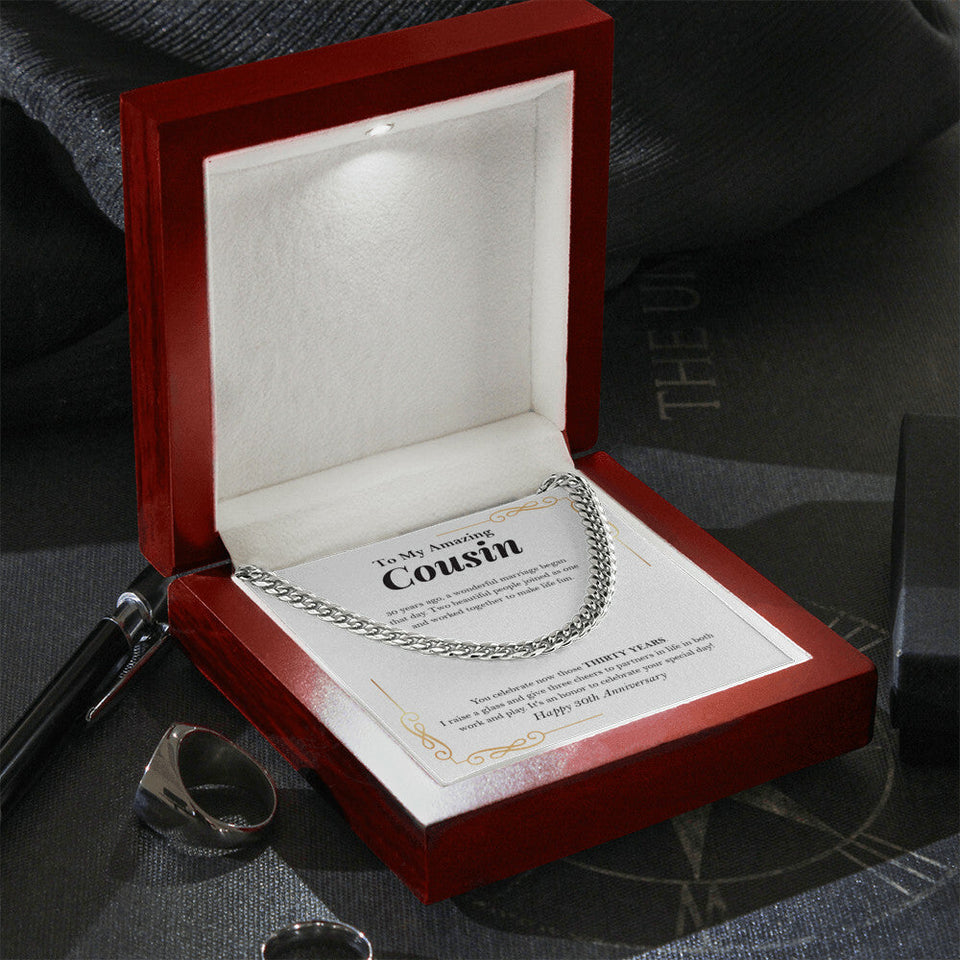 "Raise A Glass" Amazing Cousin 30th Wedding Anniversary Necklace Gift Cuban Link Chain Jewelry Box
