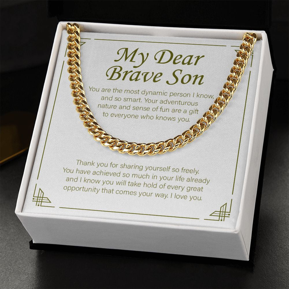 "Most Dynamic Person I Know" Brave Son Necklace Gift From Mom Dad Cuban Link Chain Jewelry Box Graduation Birthday Christmas