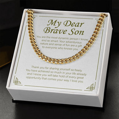 "Most Dynamic Person I Know" Brave Son Necklace Gift From Mom Dad Cuban Link Chain Jewelry Box Graduation Birthday Christmas