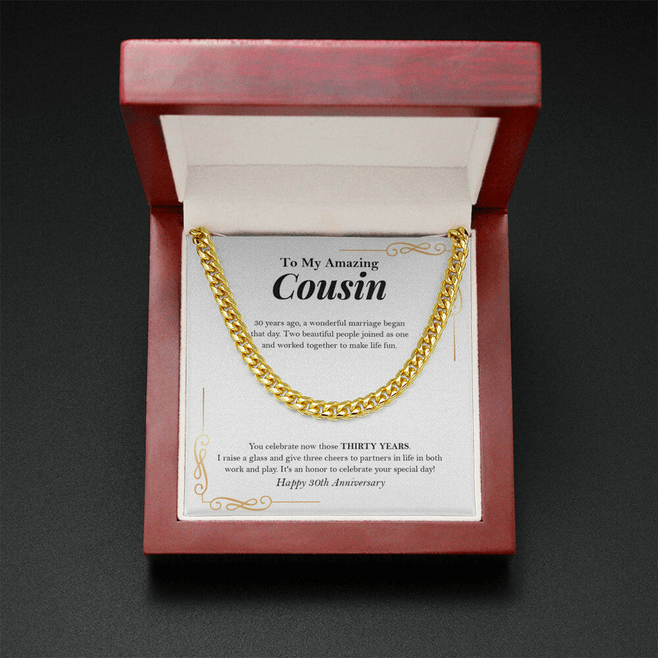 "Raise A Glass" Amazing Cousin 30th Wedding Anniversary Necklace Gift Cuban Link Chain Jewelry Box