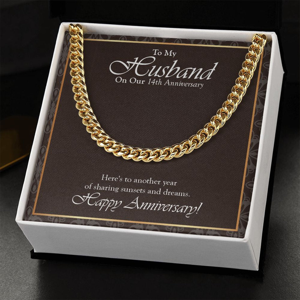 "Sharing Sunsets And Dreams" Husband 14th Wedding Anniversary Necklace Gift From Wife Cuban Link Chain Jewelry Box