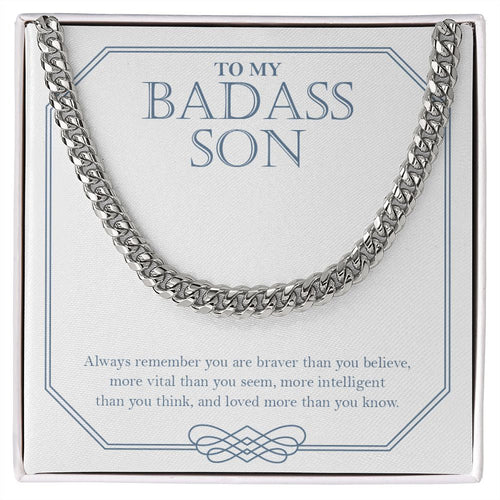 "Loved More Than You Know" Badass Son Necklace Gift From Mom Dad Cuban Link Chain Jewelry Box Birthday Christmas Graduation New Year