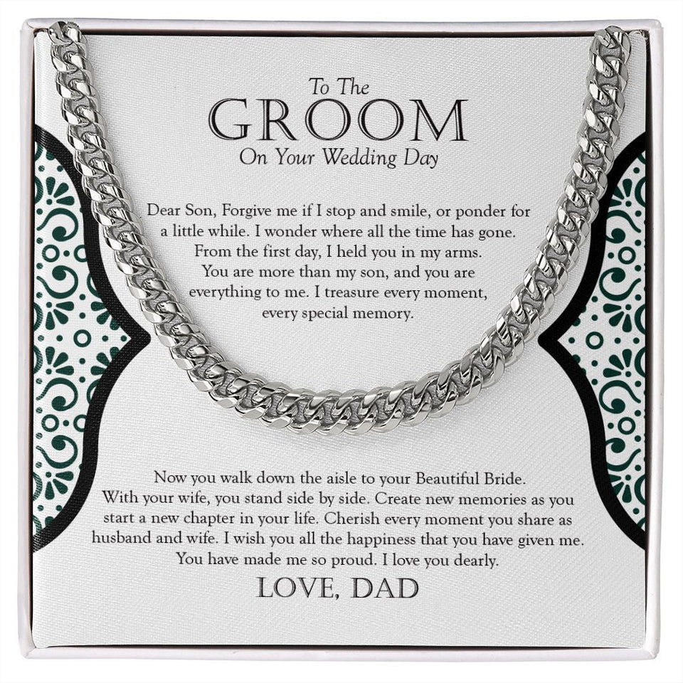 "Time Has Gone" Son Wedding Day Necklace Gift From Dad Cuban Link Chain Jewelry Box