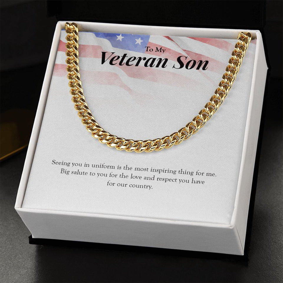 "Big Salute To You" Veteran Son Necklace Gift From Dad Mom Cuban Link Chain Jewelry Box Deployment Veterans Day Thanksgiving
