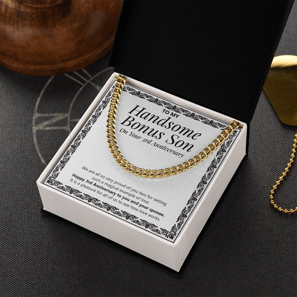"Proud Of You Too" Handsome Bonus Son 3rd Wedding Anniversary Necklace Gift From Mom Dad Cuban Link Chain Jewelry Box