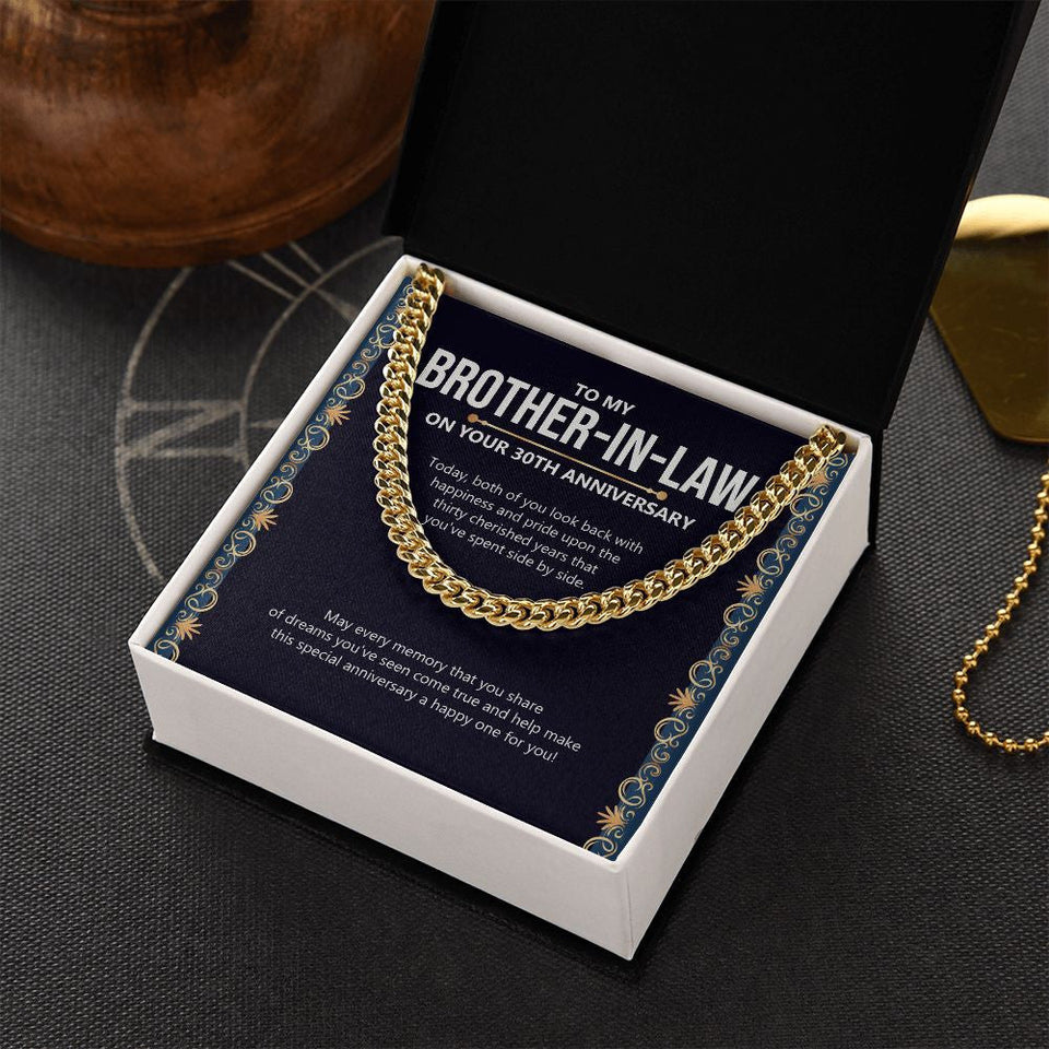 "Fifty Cherished Years" Brother In Law 30th Wedding Anniversary Necklace Gift From Sister-In-Law Brother-In-Law Cuban Link Chain Jewelry Box