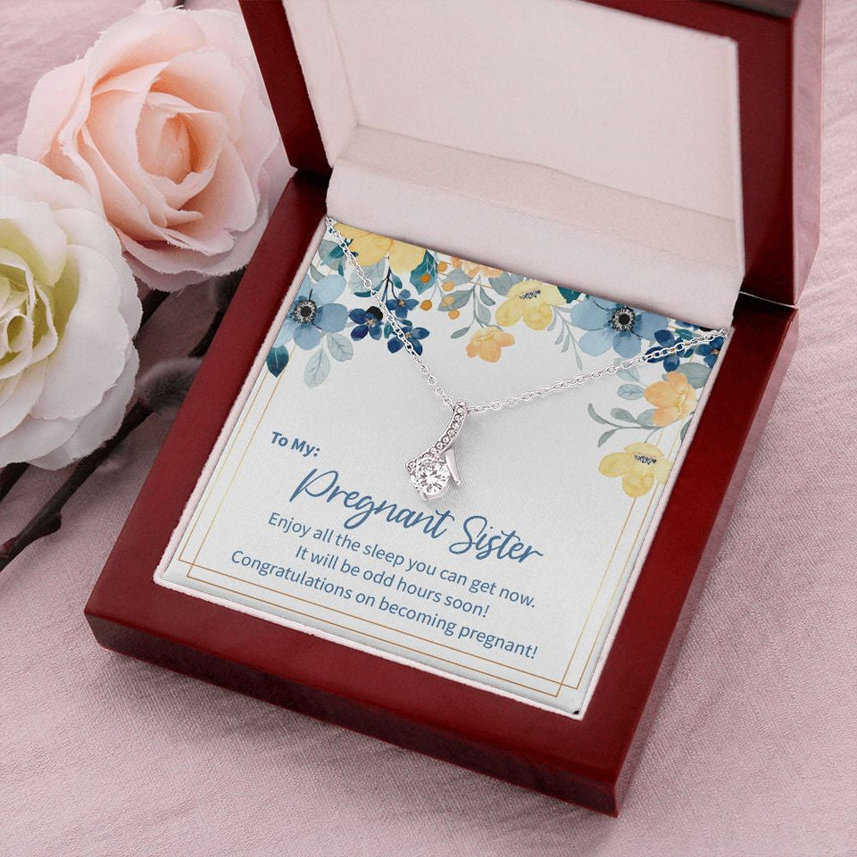 "The Odd Hours" Pregnant Sister Necklace Gift From Brother Sis Sibling Alluring Beauty Pendant Jewelry Box Baby Shower Gender Reveal Birth Announcement