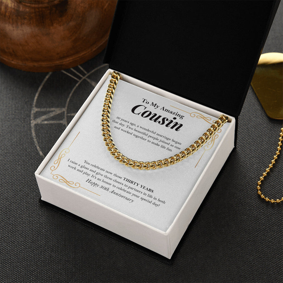 "Raise A Glass" Amazing Cousin 30th Wedding Anniversary Necklace Gift Cuban Link Chain Jewelry Box