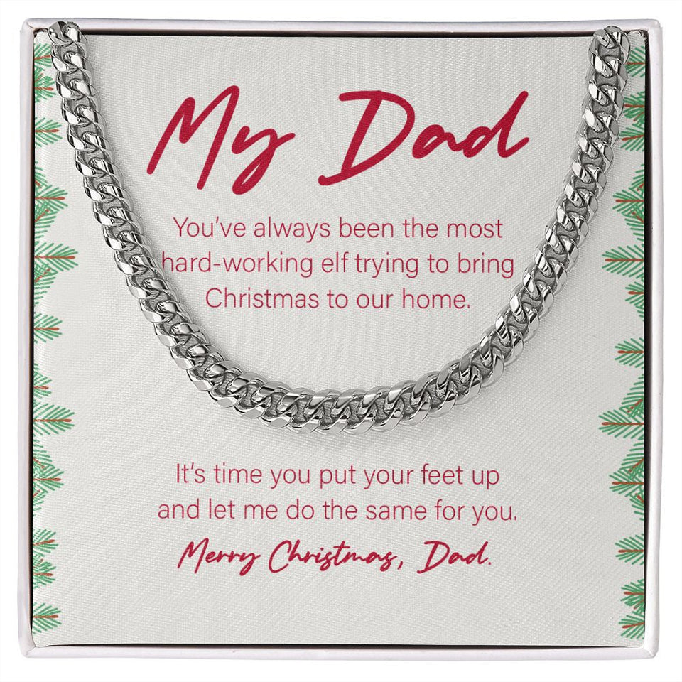 "The Most Hard-Working Elf" Dad Christmas Necklace Gift From Daughter Son Cuban Link Chain Jewelry Box