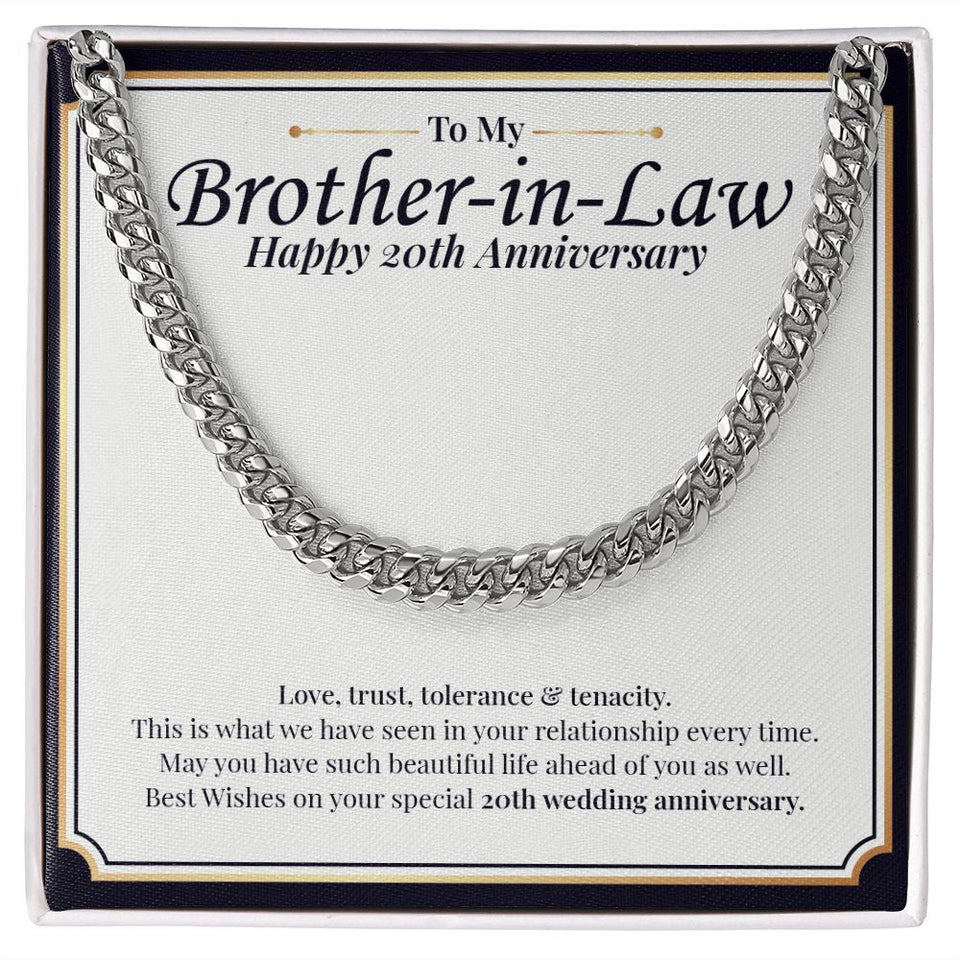 "Love, Trust, Tolerance" Brother In Law 20th Wedding Anniversary Necklace Gift From Sister-In-Law Brother-In-Law Cuban Link Chain Jewelry Box