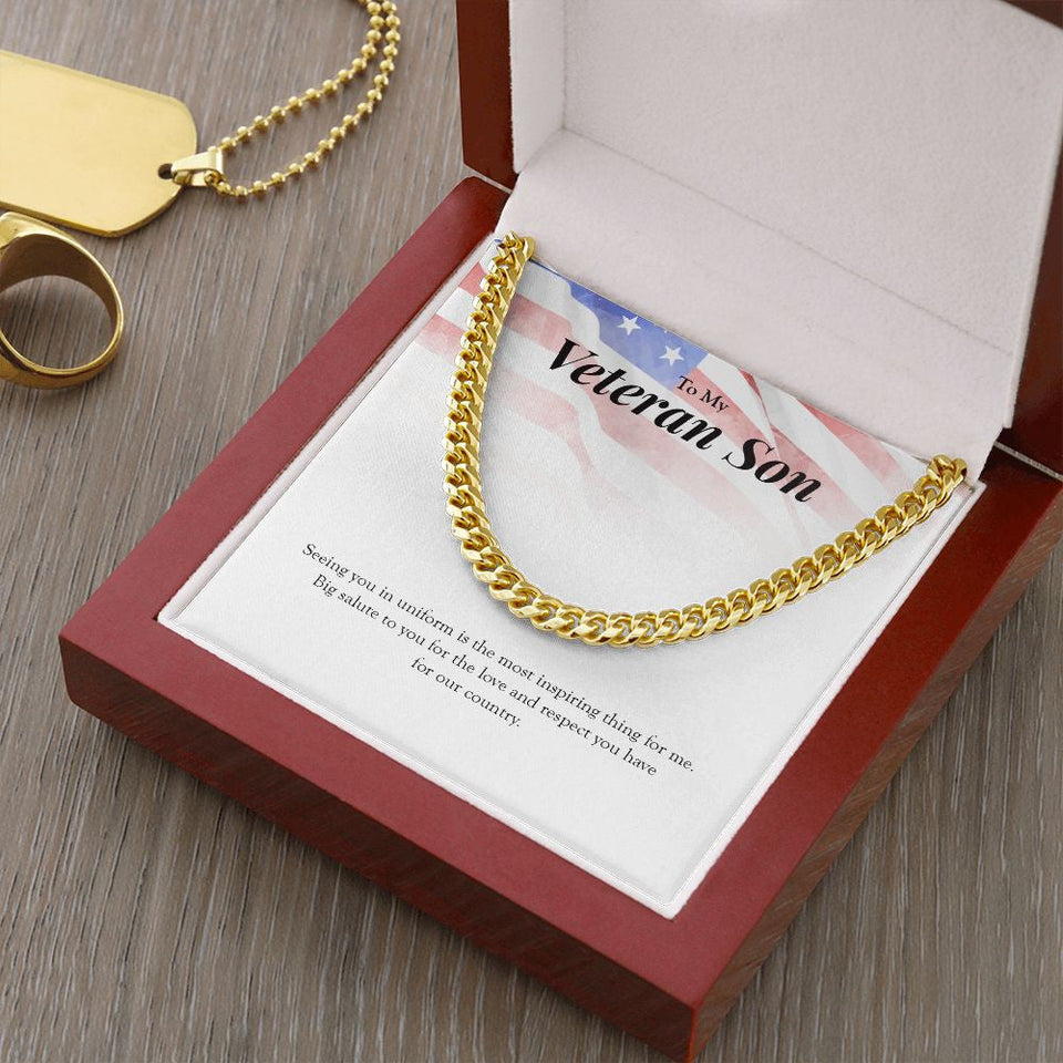"Big Salute To You" Veteran Son Necklace Gift From Dad Mom Cuban Link Chain Jewelry Box Deployment Veterans Day Thanksgiving