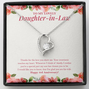 "Sweetness Touches My Heart" Lovely Daughter In Law 3rd Wedding Anniversary Necklace Gift From Mother-In-Law Father-In-Law Forever Love Pendant Jewelry Box