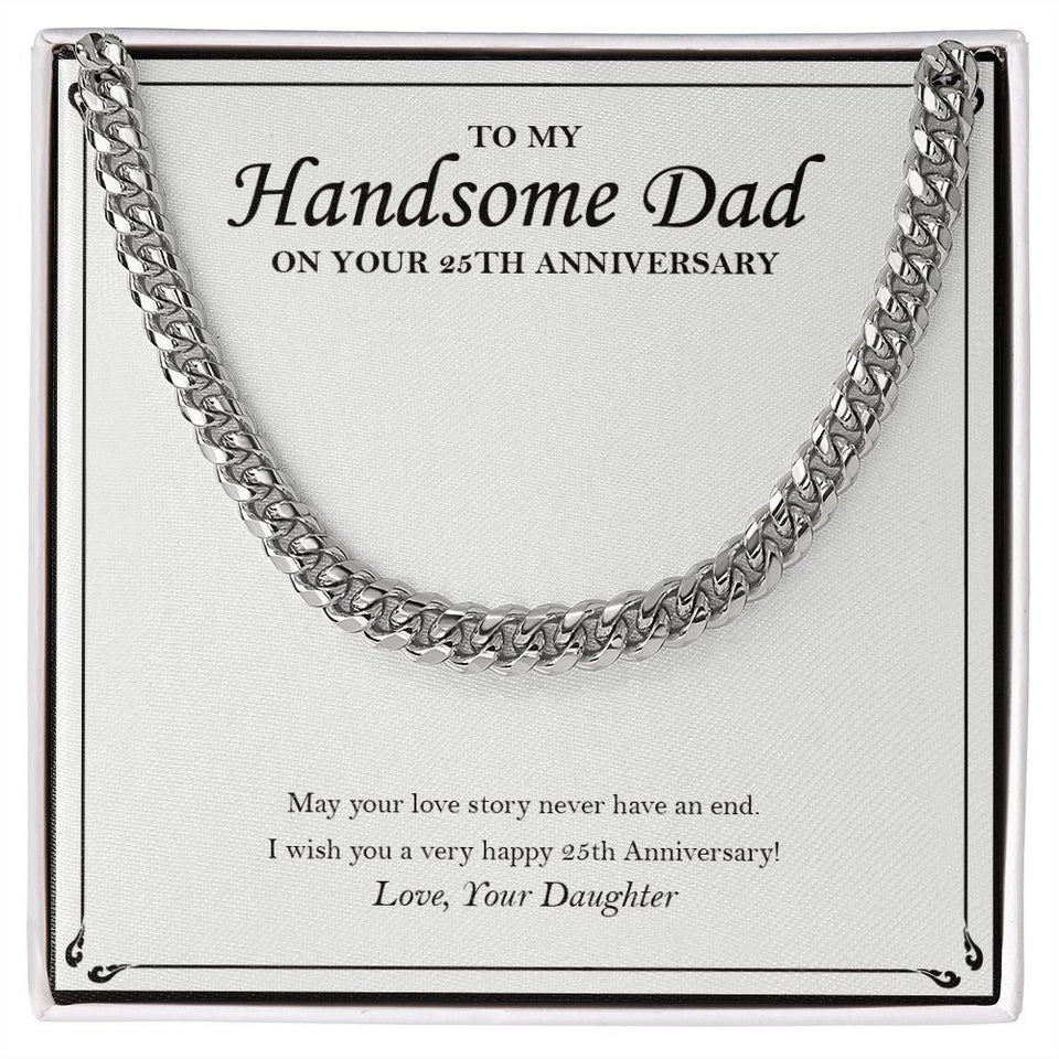 "Love Story Never End" Handsome Dad 25th Wedding Anniversary Necklace Gift  From Daughter Son Cuban Link Chain Jewelry Box