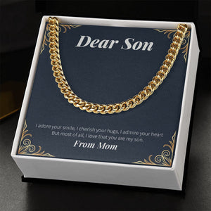 "Adored And Cherished" Son Necklace Gift From Mom Cuban Link Chain Jewelry Box Birthday Graduation Christmas Thanksgiving