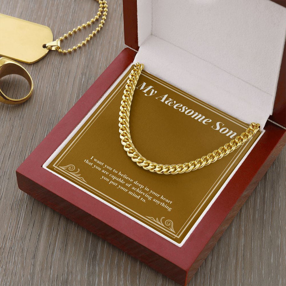 "Deep In His Heart" Awesome Son Necklace Gift From Mom Dad Cuban Link Chain Jewelry Box Birthday Graduation Christmas Thanksgiving