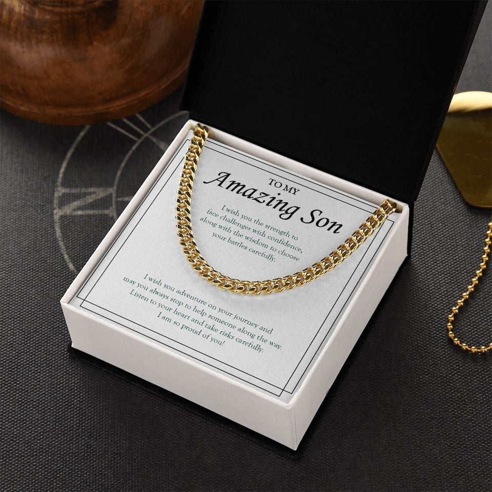 "Face Challenges With Confidence" Amazing Son Necklace Gift From Mom Dad Cuban Link Chain Jewelry Box Birthday Graduation Christmas New Year