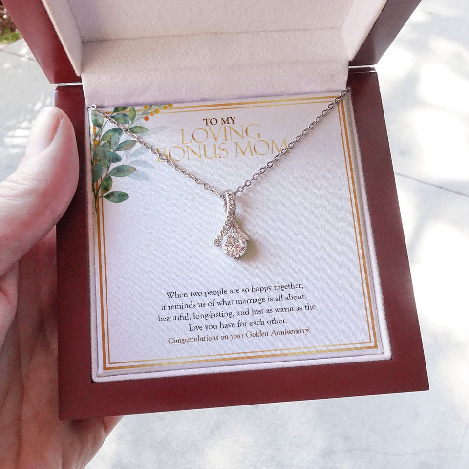 "Two People Happy Together" Loving Bonus Mom Golden 50th Wedding Anniversary Necklace Gift From Daughter Son Alluring Beauty Pendant Jewelry Box