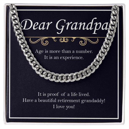 "Age Is An Experience" Grandpa Retirement Necklace Gift From Granddaughter Grandson Grandkids Cuban Link Chain Jewelry Box