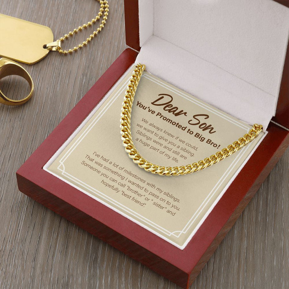 "A Huge Part Of My Life" Son Promoted To Big Bro Necklace Gift From Mom Cuban Link Chain Jewelry Box Birth Announcement Pregnancy Reveal