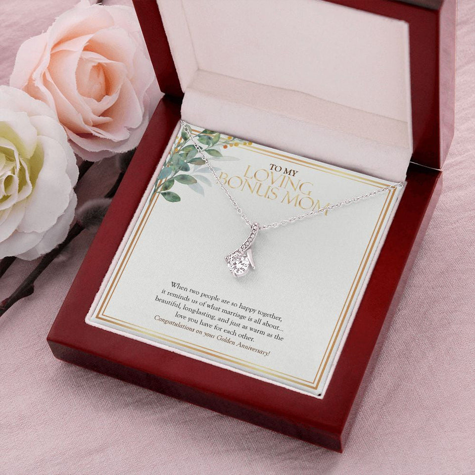 "Two People Happy Together" Loving Bonus Mom Golden 50th Wedding Anniversary Necklace Gift From Daughter Son Alluring Beauty Pendant Jewelry Box