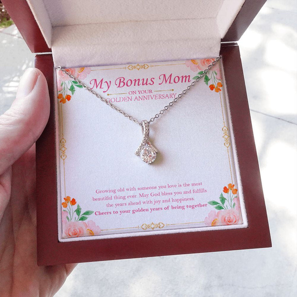 "Most Beautiful Thing Ever" Bonus Mom Golden Wedding Anniversary Necklace Gift From Daughter Son Alluring Beauty Pendant Jewelry Box