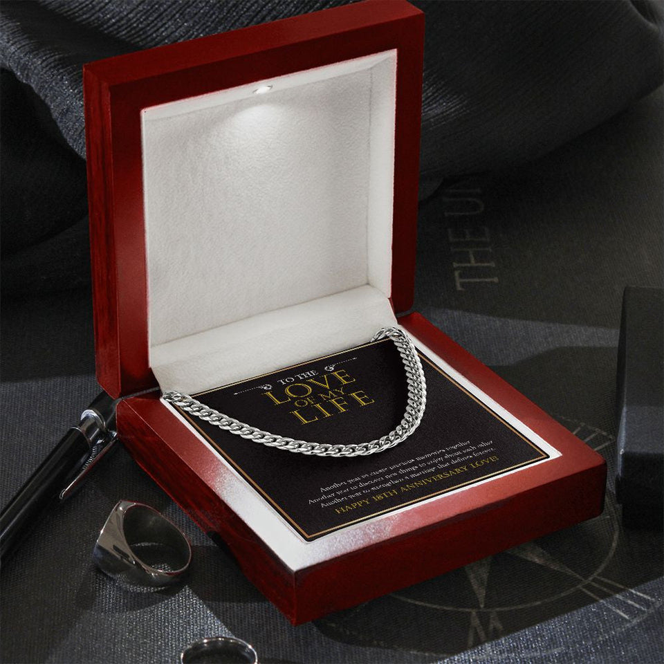 "Another Year To Stengthen" Husband Love Of My Life 18th Wedding Anniversary Necklace Gift From Wife Cuban Link Chain Jewelry Box