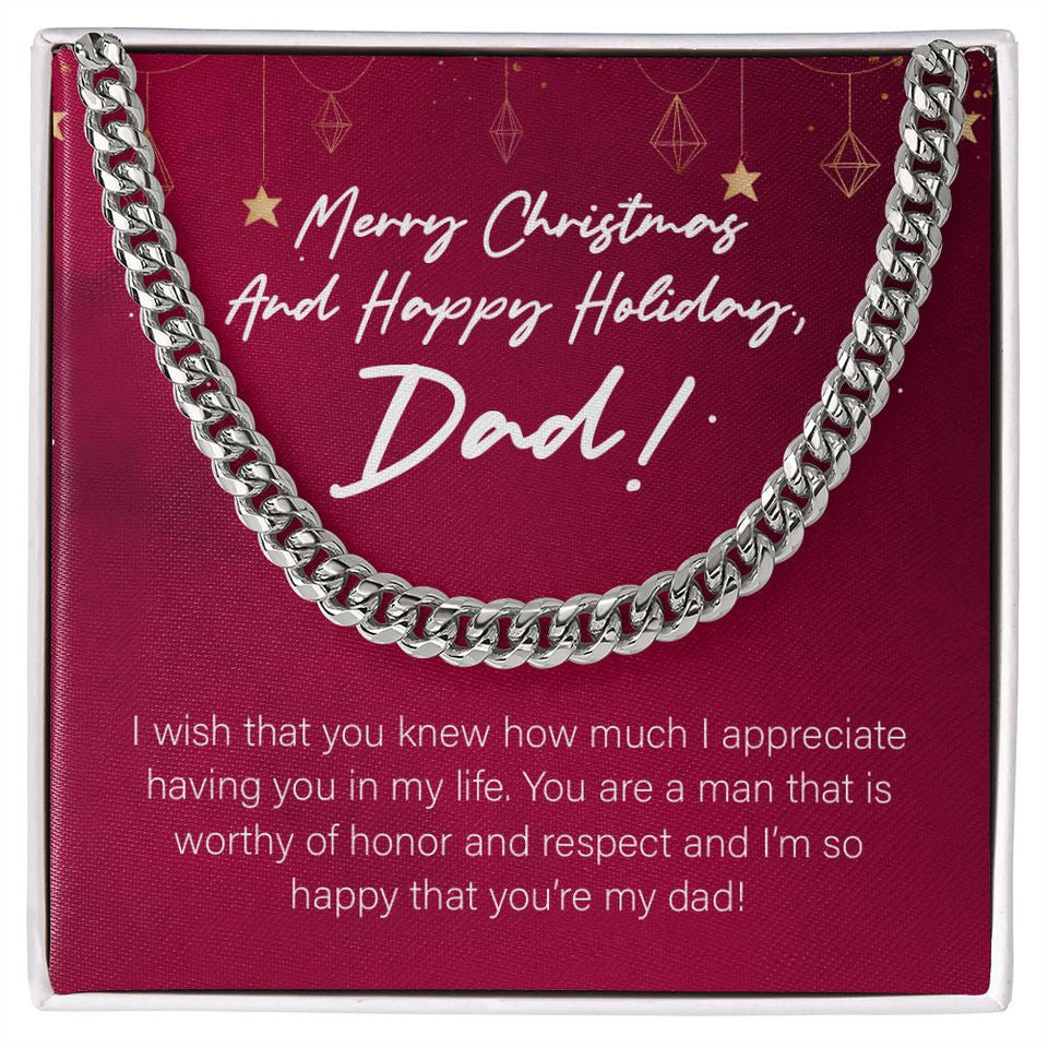 "Man Worthy Of Honor And Respect" Dad Christmas Necklace Gift From Daughter Son Cuban Link Chain Jewelry Box