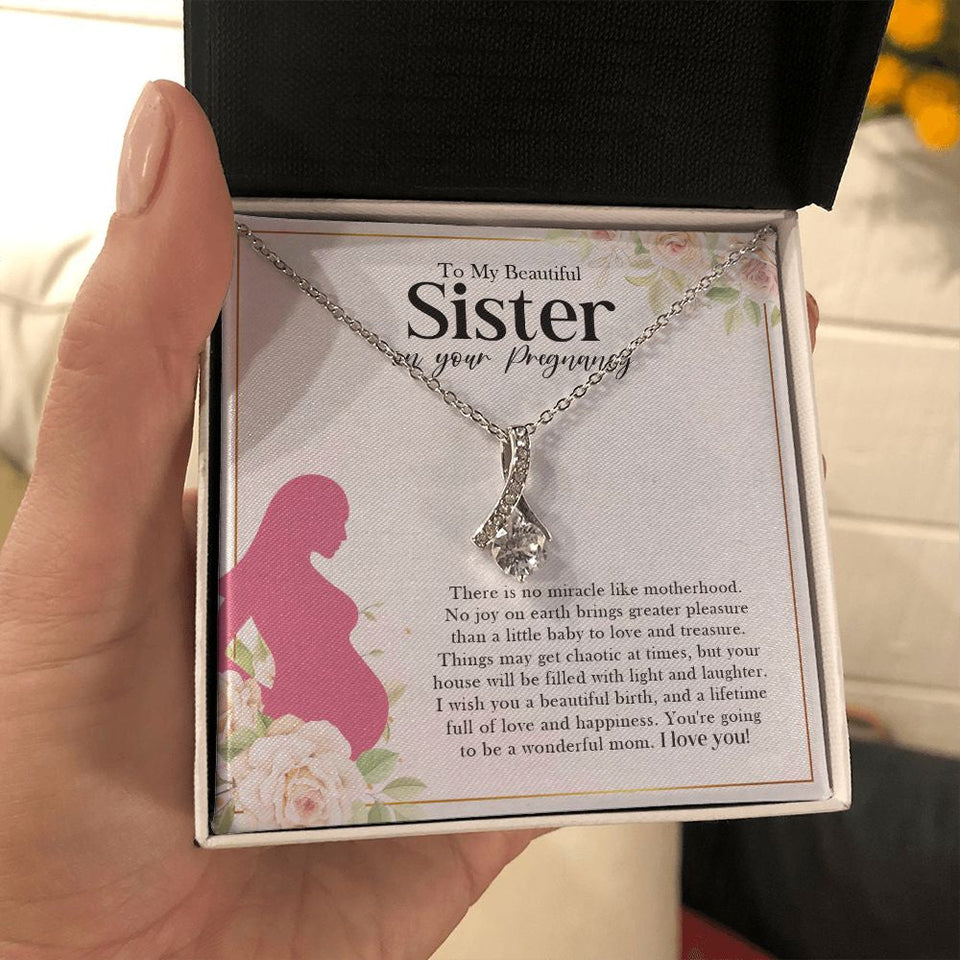 "Miracle like Motherhood" Pregnant Sister Necklace Gift From Sis Brother Alluring Beauty Pendant Jewelry Box Baby Shower Birthday Christmas New Year