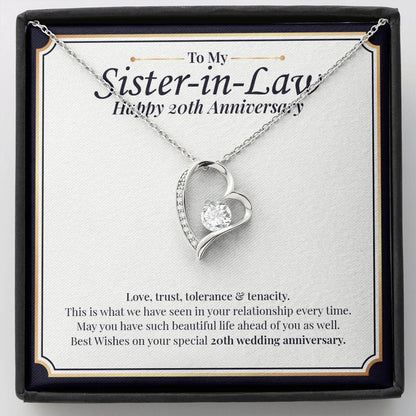 "Love, Trust, Tolerance" Sister In Law 20th Wedding Anniversary Necklace Gift From Sister-In-Law Brother-In-Law Forever Love Pendant Jewelry Box