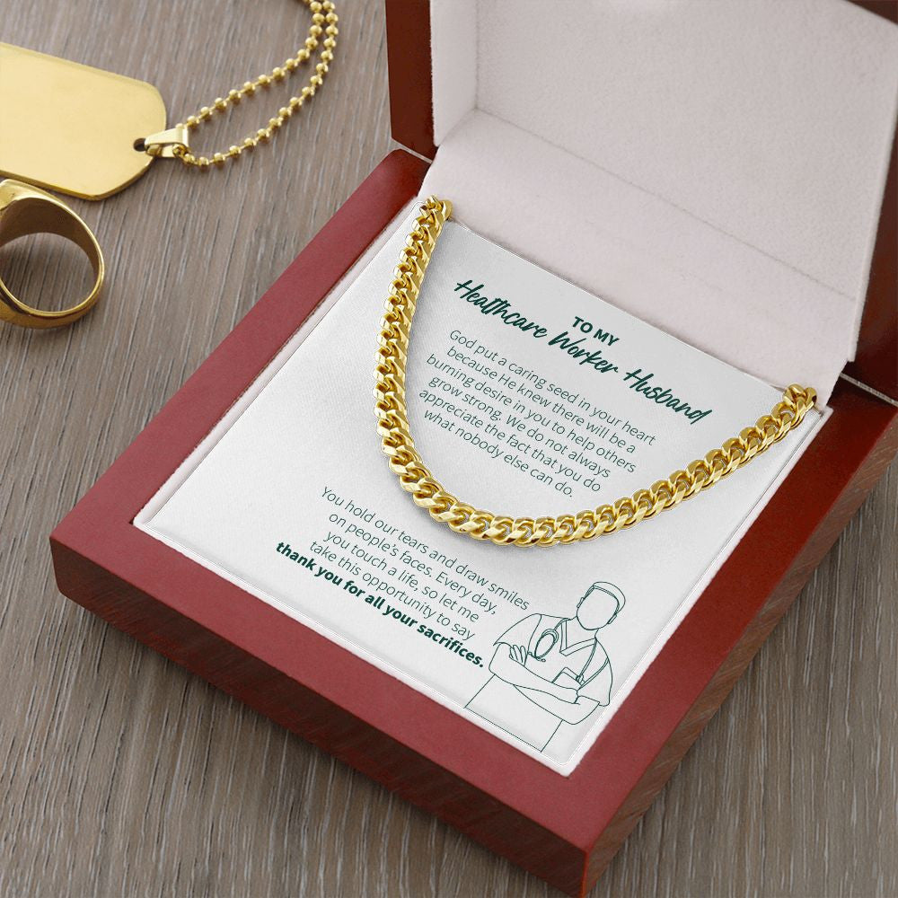 "Caring Seed In Your Heart" Healthcare Worker Husband Necklace Gift From Wife Cuban Link Chain Jewelry Box Thanksgiving Birthday Christmas