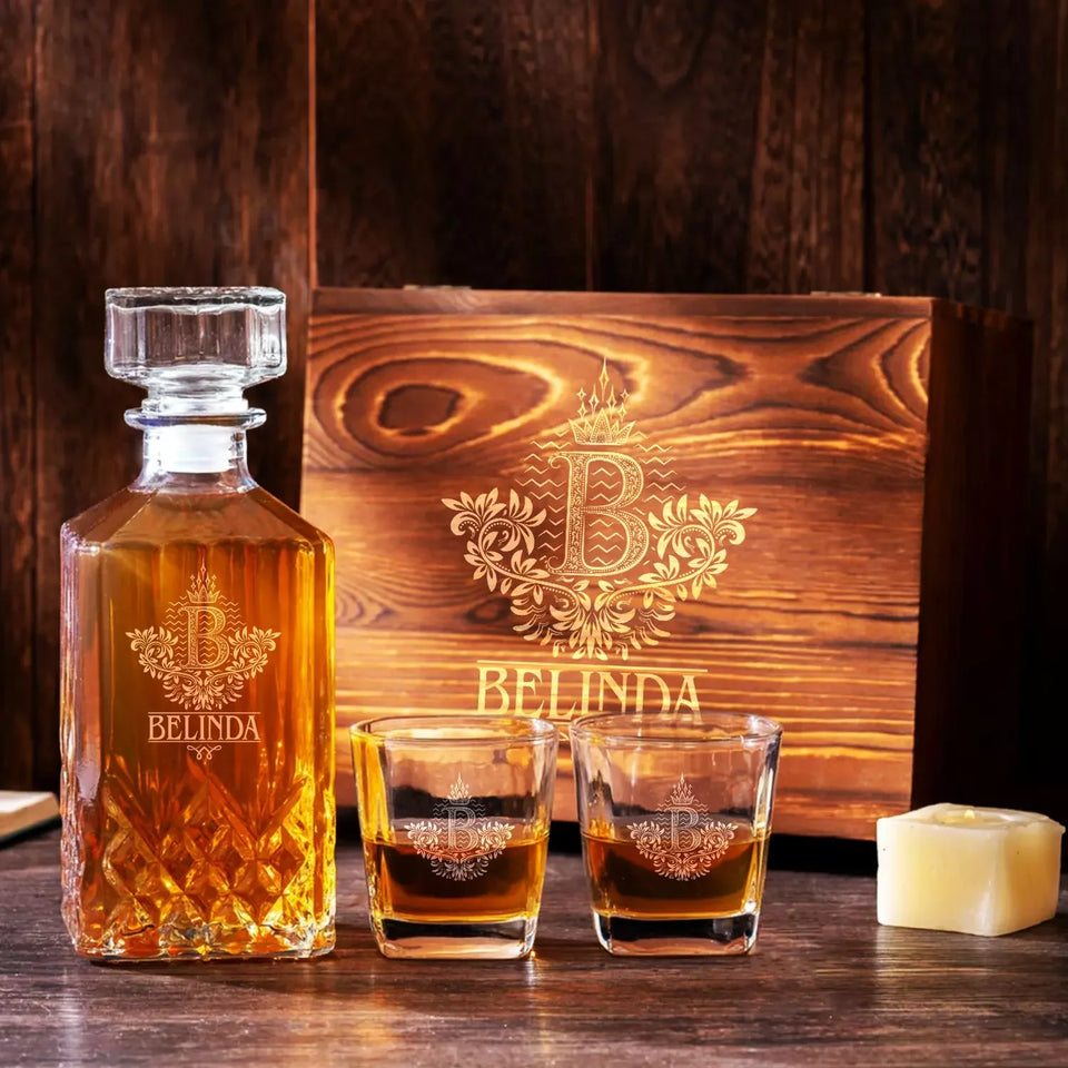 BELINDA Personalized Decanter Set wooden box and Ice 5