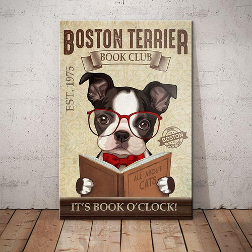 Boston Terrier Dog Book Club Canvas Wall Art, Wall Decor Visual Art