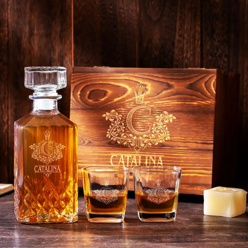 CATALINA Personalized Decanter Set wooden box and Ice 5