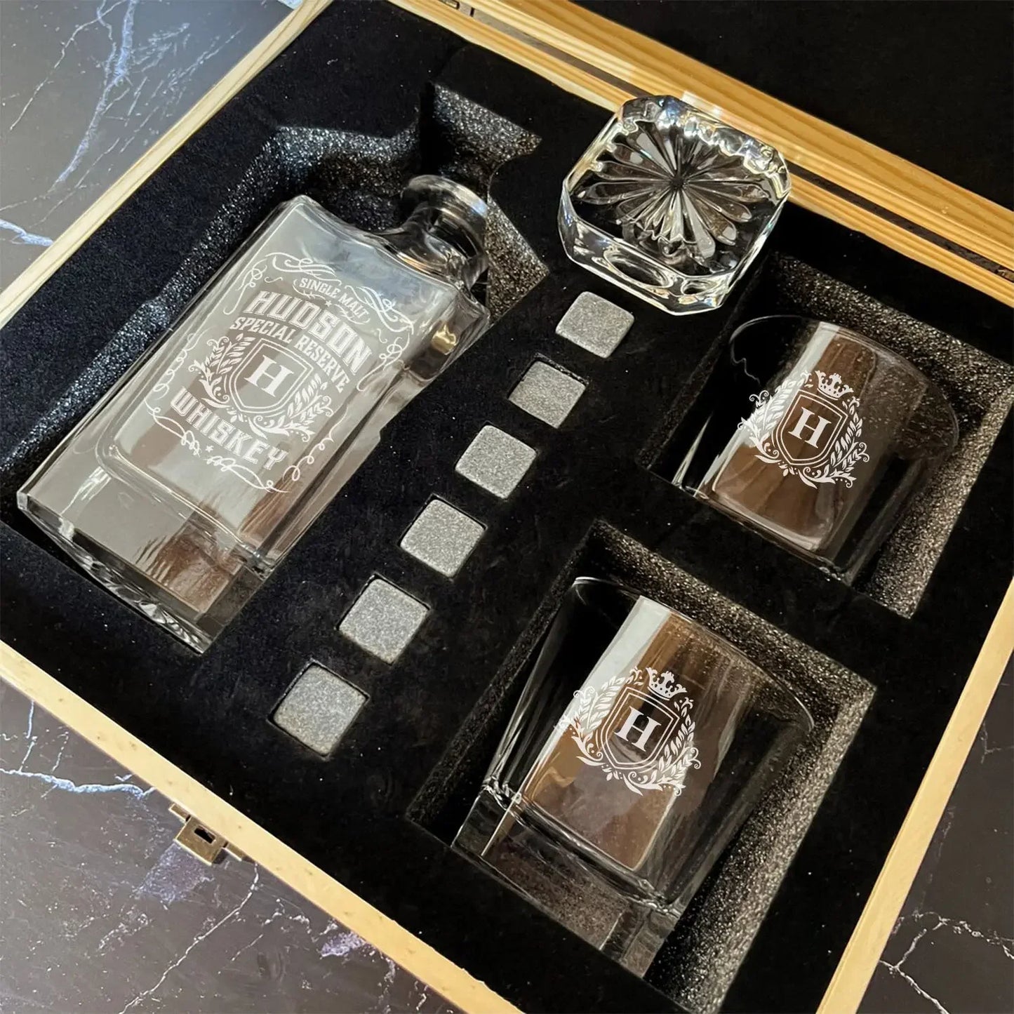 HUDSON Personalized Decanter Set wooden box and Ice 9