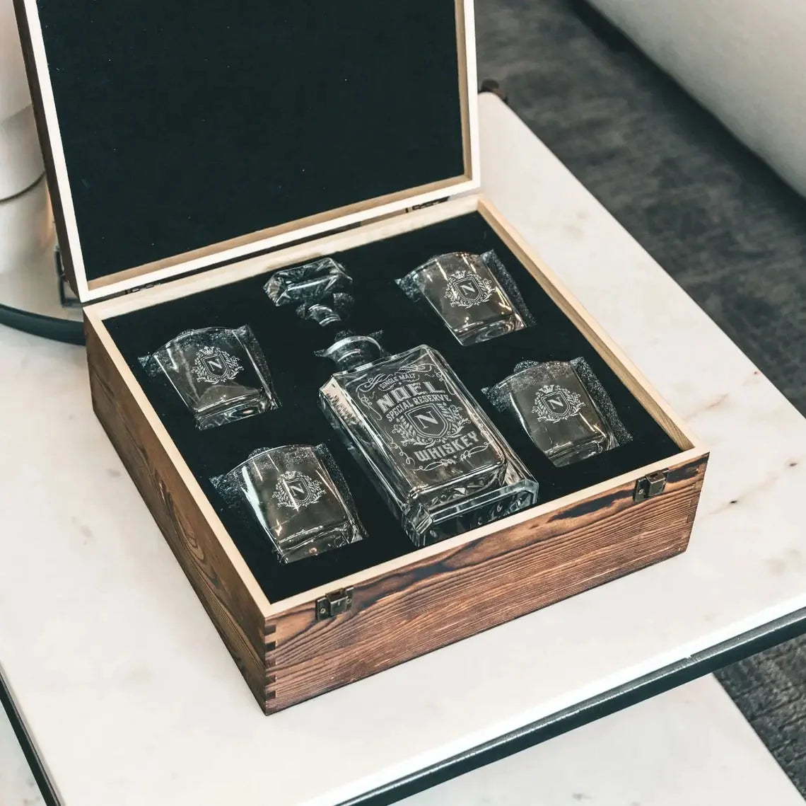 NOEL Personalized Decanter Set wooden box and Ice 9