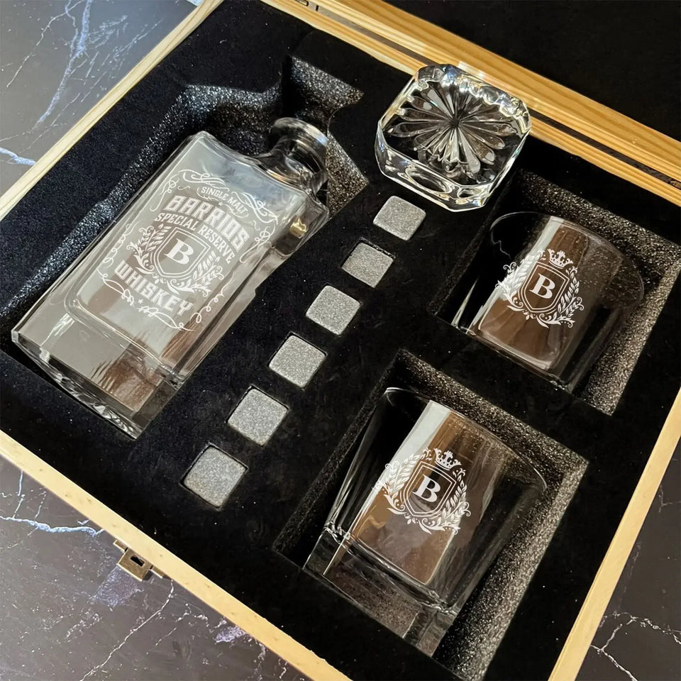 BARRIOS Personalized Decanter Set wooden box and Ice 9