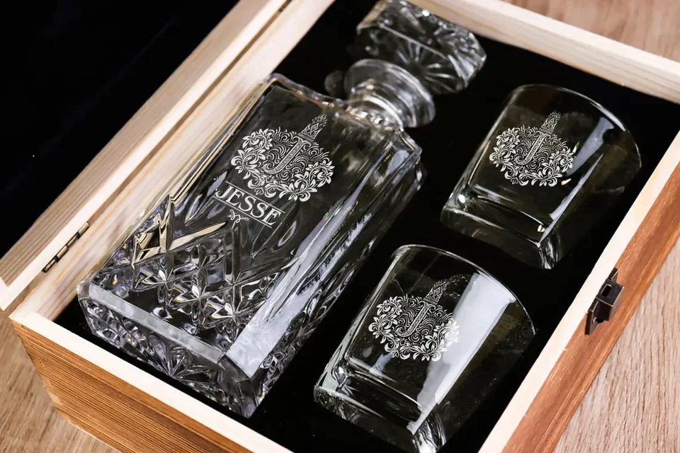 JESSE Personalized Decanter Set wooden box and Ice 5