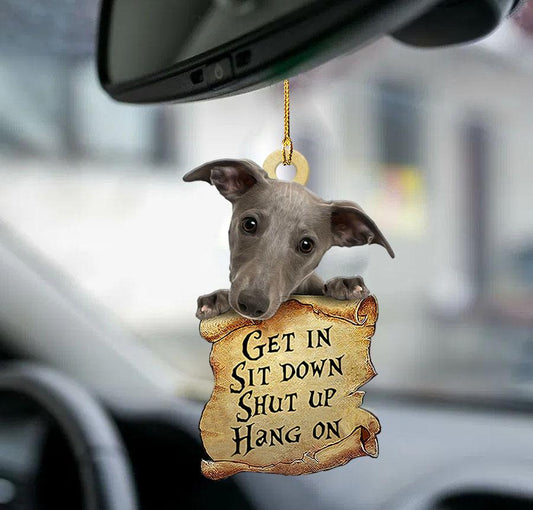 Godmerch- Ornaments- Whippet get in two sided ornament, Dog Ornaments, Car Ornaments