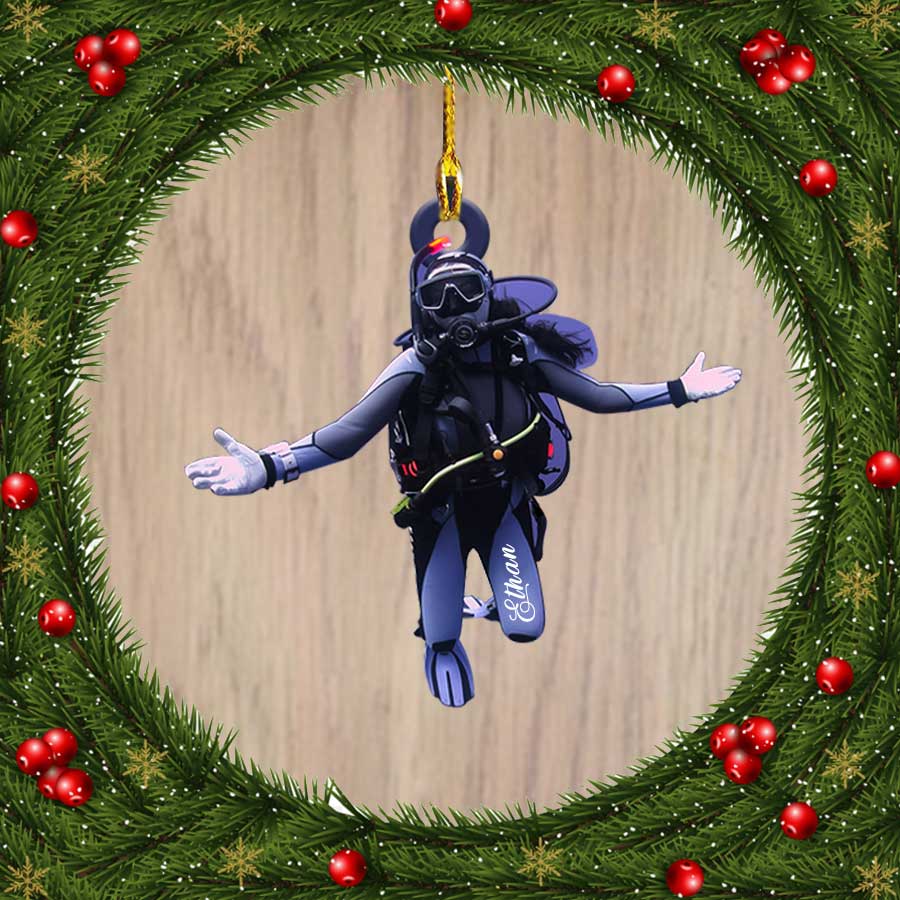 Ornament - Scuba Diving Ornament - Woman Scuba Diver Custom Name, Custom Shaped Flat Ornament Christmas, Christmas Decor