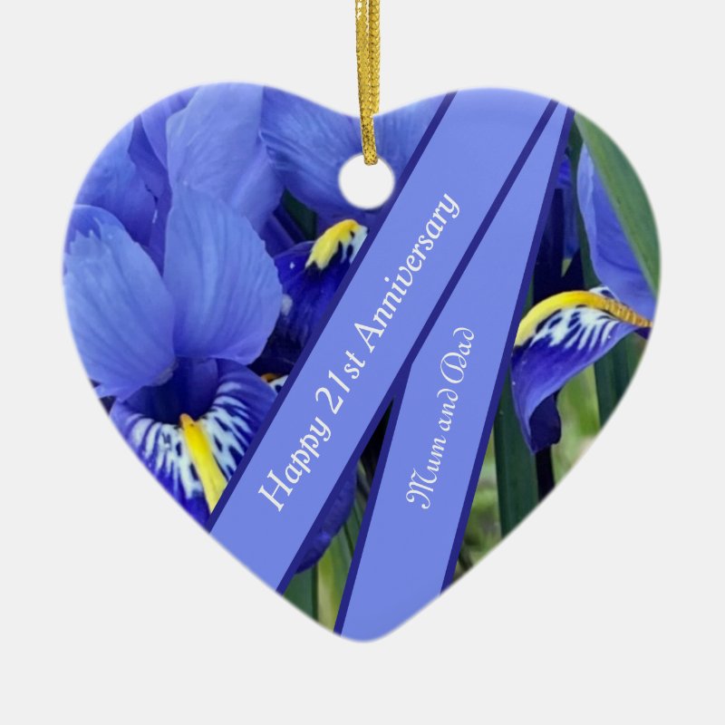 21St Wedding Anniversary Editable Blue Iris Ceramic Ornament
