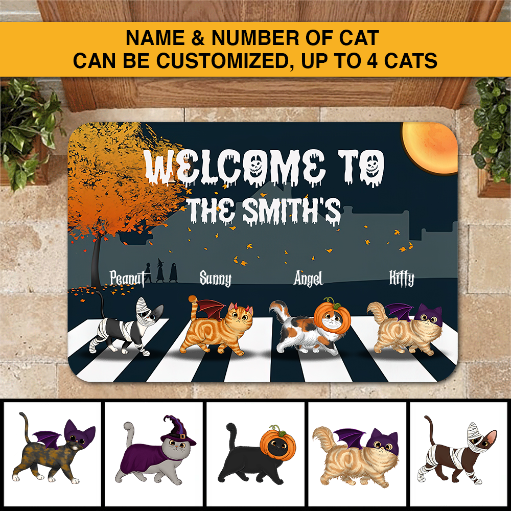 Halloween Fluffy Cats On The Crosswalk Personalized | Colorful | Welcome Doormat | 18x27'' 24x36''