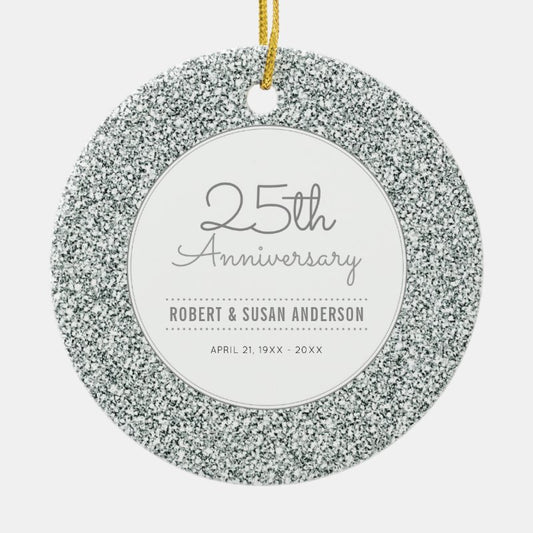 25Th Anniversary Keepsake Faux Silver Glitter Ceramic Ornament