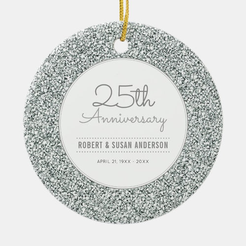 25Th Anniversary Keepsake Faux Silver Glitter Ceramic Ornament