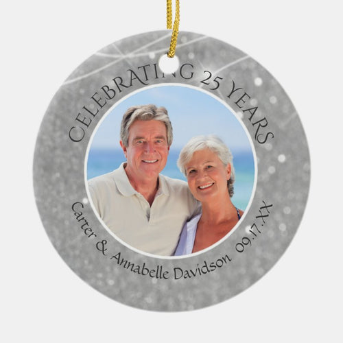 25Th Anniversary   Silver Sparkle Two Photo Ceramic Ornament