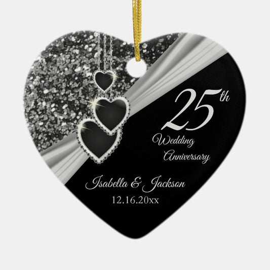25Th Silver Glitter Anniversary Ceramic Ornament